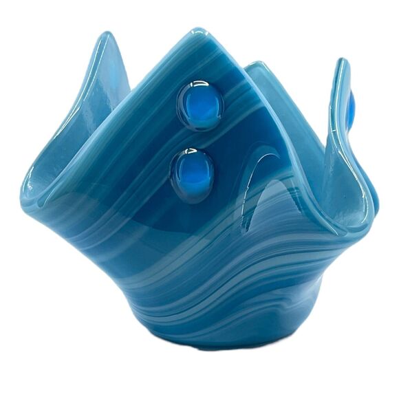 Blue Swirl Art Glass Handkerchief Vase Candle Holder Glass MCM Vintage - Picture 4 of 6